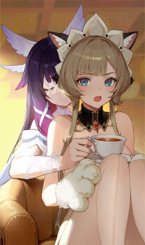 2girls absurdres alternate_costume animal_ears animal_hands blue_eyes breasts brown_hair cat_ears closed_eyes columbina_(genshin_impact) couch cup detached_sleeves genshin_impact gloves highres holding holding_cup knees_up le_(huanglongen) maid_headdress medium_breasts multiple_girls on_couch open_mouth pantyhose paw_gloves purple_hair sandrone_(genshin_impact) short_hair_with_long_locks sitting white_pantyhose yuri