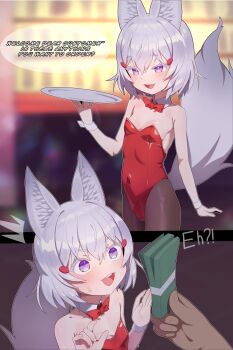 1boy 1girl 2koma ^^^ animal_ears banknote bow bowtie breasts brown_pantyhose collarbone comic detached_collar english_text fox_ears fox_girl fox_tail highres holding holding_money holding_tray leotard loli money onion_(tamanegi) pantyhose phase_connect playboy_bunny red_bow red_bowtie red_leotard small_breasts surprised tail tail_raised teeth tenma_maemi tray upper_teeth_only virtual_youtuber white_hair white_tail wrist_cuffs