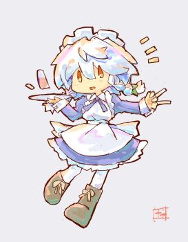 1girl apron blue_dress boots brown_boots dress grey_background highres izayoi_sakuya long_sleeves short_hair solo touhou white_apron white_hair yamasina009 yellow_eyes