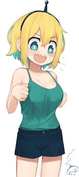 1girl :d alternate_breast_size_(larger) amano_pikamee aqua_eyes aqua_hair bare_arms bare_shoulders black_hairband black_shorts blonde_hair breasts camisole collarbone colored_inner_hair commentary cowboy_shot english_commentary green_camisole hair_between_eyes hairband highres imagining large_breasts light_blush multicolored_hair open_mouth sharp_teeth short_shorts shorts simple_background smile solo tank_top teeth two-tone_hair virtual_youtuber voms white_background yoako