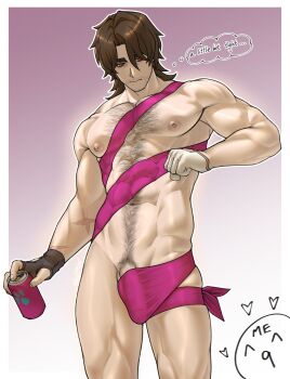 1boy ^_^ ^q^ abs bara beard_stubble brown_gloves brown_hair bulge can chest_hair closed_eyes closed_mouth commentary drink_can english_commentary english_text facial_hair fingerless_gloves gallagher_(honkai:_star_rail) gloves highres holding holding_can honkai:_star_rail honkai_(series) looking_down male_focus meme muscular muscular_male navel nipples nude nude_guy_wrapped_in_ribbons_standing_(meme) pectorals penis penis_peek red_eyes ribbon soda_can speech_bubble stubble thought_bubble white_gloves wyatt.w