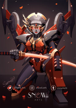 airplane_wing beam_weapon commentary commission energy_sword english_commentary geisha glowing glowing_eyes high_heels highres humanoid_robot katana mechanical_wings metal_skin petals red_eyes red_lips robot robot_girl snowii_arts sword the_transformers_(idw) transformers weapon windblade wings
