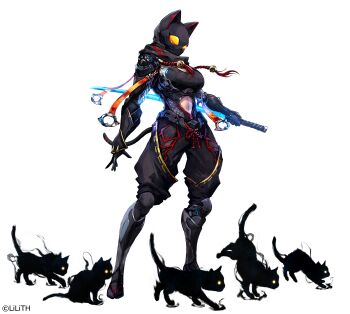 1girl alternate_costume animal_ears armor bell breasts cat fake_animal_ears fake_tail full_body gloves highres holding holding_sword holding_weapon igawa_sakura k-suwabe katana large_breasts lilith-soft navel neko neko-sensei ninja official_alternate_costume official_art shadow solo sword tail taimanin_(series) taimanin_rpgx weapon yellow_eyes