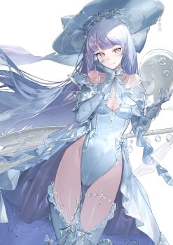1girl axe blue_gloves blue_hair blue_leotard blue_thighhighs breasts cape character_request copyright_request feet_out_of_frame gloves grey_eyes hand_on_own_cheek hand_on_own_face hat highres holding leotard long_hair looking_at_viewer medium_breasts mimoza04040 simple_background smile solo standing thighhighs weapon white_background