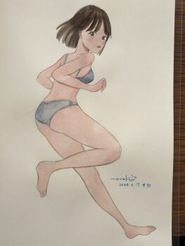 1girl ass bob_cut bra brown_hair choppy_bangs dated full_body grey_bra grey_panties highres leg_up looking_at_viewer looking_back nena_labo open_mouth original panties photo_(medium) running short_hair signature simple_background solo traditional_media underwear underwear_only