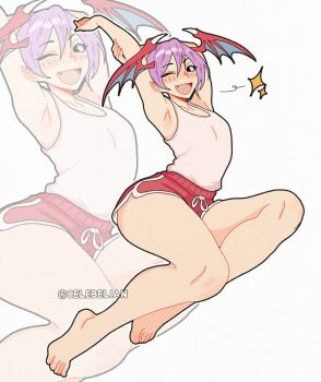 1girl alternate_costume armpits arms_up barefoot black_eyes blush celebelian collarbone commentary darkstalkers demon_girl demon_wings dolphin_shorts drawstring english_commentary fang hair_between_eyes head_wings highres holding_own_arm lilith_(darkstalkers) looking_at_viewer one_eye_closed open_mouth outline pointy_ears purple_hair red_shorts short_shorts shorts simple_background sitting smile solo sparkle stretching tank_top twitter_username white_background white_outline white_tank_top wings zoom_layer