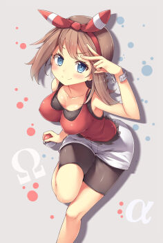 >:) 10s 1girl bike_shorts blue_eyes blush bow bracelet breasts brown_hair cleavage covered_erect_nipples female_focus grey_background hair_ribbon highres holding holding_poke_ball impossible_clothes impossible_shirt jewelry large_breasts leg_up looking_at_viewer may_(pokemon) may_(pokemon_oras) nintendo poke_ball pokemon pokemon_oras ribbon shirt sleeveless sleeveless_shirt smile solo two_side_up undershirt v v-shaped_eyebrows v_over_eye yuki_usagi_(snowcanvas)