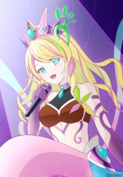 1girl absurdres alternate_hair_length alternate_hairstyle aqua_eyes bare_shoulders blonde_hair blue_skirt body_markings braid breasts colored_extremities commentary covered_collarbone duel_monster english_commentary green_hair highres holding holding_microphone laythena light_particles long_hair looking_at_viewer medium_breasts mermaid microphone midriff mixed-language_commentary monster_girl multicolored_hair music open_mouth purple_hair purple_hands reeshaddoll_wendikurhu side_braids sidelocks singing sitting skirt solo spotlight teeth tiara twitter_username upper_teeth_only yu-gi-oh!