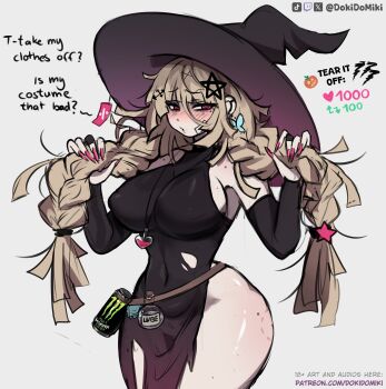 1girl absurdres artist_name bite_mark bite_mark_on_thigh black_dress black_sleeves blonde_hair blush bottle braid breasts butterfly_earrings can commentary condom condom_wrapper covered_erect_nipples cowboy_shot curvy detached_sleeves dokidomiki dress drink_can earrings english_commentary english_text fingernails grabbing_own_hair hair_between_eyes hair_ornament hat heart highres holding holding_own_hair jewelry large_breasts long_hair looking_at_viewer lube messy_hair miki_(dokidomiki) mole mole_on_thigh monster_energy nail_polish necklace original patreon_username pink_eyes pink_nails potion puckered_lips purple_hat simple_background solo star_(symbol) star_hair_ornament talking thighs tiktok_username twin_braids twitch_username twitter_strip_game twitter_username white_background witch_hat