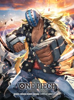 Rule 34 | 1boy, blonde hair, cloud, collared shirt, commentary request, copyright name, dai-xt, highres, hockey mask, holding, holding weapon, killer (one piece), long hair, male focus, mask, official art, one piece, one piece card game, outdoors, polka dot, red sash, sash, shirt, solo, sunset, veins, weapon