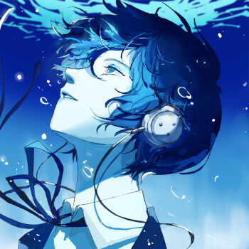 1boy air_bubble avenoirn blue_eyes blue_hair blue_jacket blue_ribbon blue_theme blurry blurry_background bubble commentary earphones hair_over_one_eye head_back highres jacket looking_up male_focus parted_lips persona persona_3 ribbon shirt short_hair solo underwater white_shirt yuuki_makoto_(persona_3)