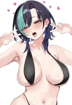 Rule 34 | 1girl, armpits, black hair, breasts, commentary, double v, english commentary, green hair, heart, highres, hololive, hololive dev is, kinkikids753, mole, mole on neck, multicolored hair, navel, open mouth, panty straps, red eyes, rindo chihaya, solo, sweat, teeth, tongue, two-tone hair, upper teeth only, v, virtual youtuber