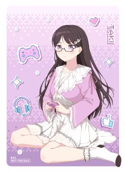 1girl absurdres artist_name bang_dream! bang_dream!_it's_mygo!!!!! blush border brown_hair character_name closed_mouth commentary controller frilled_socks frills game_controller glasses hair_ornament hairclip headphones heart highres holding holding_controller holding_game_controller long_hair looking_at_viewer mole mole_under_eye panda_hair_ornament pixelated pleated_skirt purple_eyes purple_theme ray_(aesoi345) semi-rimless_eyewear shiina_taki sitting skirt socks solo sparkle under-rim_eyewear white_border white_skirt yokozuwari