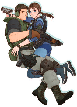 Rule 34 | 1boy, 1girl, black boots, black gloves, black hair, blue eyes, blue wetsuit, bodysuit, boots, brown hair, chris redfield, diving suit, gloves, gun, handgun, headset, highres, holding, holding gun, holding weapon, holster, jill valentine, knee pads, long hair, low ponytail, ponytail, resident evil, resident evil: revelations, shotgun, simple background, smile, thigh holster, waki michi, watch, weapon, wetsuit, white background, wristwatch