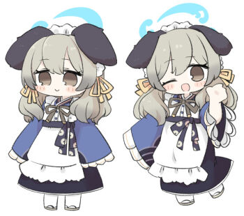 1girl ;d animal_ears apron black_skirt blue_archive blue_kimono blush_stickers brown_eyes brown_hair brown_sandals chibi closed_mouth dog_ears frilled_sleeves frills halo japanese_clothes kimono long_hair long_sleeves low_twintails miranofuudoria multiple_views one_eye_closed open_mouth pantyhose sandals simple_background skirt sleeves_past_fingers sleeves_past_wrists smile twintails umika_(blue_archive) white_apron white_background white_pantyhose wide_sleeves zouri