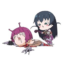 2girls :&lt; :o ahegao antennae black_eyes blush_stickers bob_cut bodysuit breasts chibi claw_(weapon) claws defeat derp_face dying full_body hair_ribbon humiliation igawa_asagi long_hair looking_at_another lying melting multiple_girls oboro_(taimanin_asagi) on_side open_mouth pain parody pun purple_bodysuit purple_hair ribbon rolling_eyes saliva salt shiny_clothes squatting taimanin_(series) taimanin_asagi taimanun tears translation_request transparent_background weapon