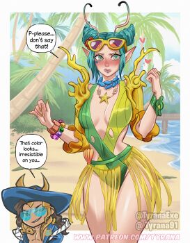 1boy 1girl absurdres alien antennae aqua_eyes aqua_hair beach bead_bracelet beads black_hair blue-tinted_eyewear blue_hat blue_jacket blush border bracelet breasts cleavage commentary cowboy_shot double_bun english_commentary english_text eyewear_on_head film_grain flower green_eyes green_one-piece_swimsuit hair_bun hat heart highres horned_hat jacket jewelry loki_(marvel) loki_(robe_of_relaxation)_(marvel) long_hair looking_to_the_side mantis_(marvel) mantis_(oceanic_harmony)_(marvel) marvel marvel_rivals medium_breasts necklace official_alternate_color official_alternate_costume one-piece_swimsuit open_clothes open_jacket outdoors palm_tree plunging_neckline pointy_ears sand semi-rimless_eyewear smirk speech_bubble starfish sweatdrop swimsuit tinted_eyewear tree tyrana91 watermark web_address white_border yellow_nails