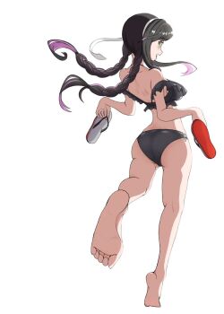 1girl barefoot bikini black_bikini black_hair braid colored_inner_hair commentary_request frilled_bikini frills full_body highres holding horohoro_(horohorohuhuhu) kantai_collection long_hair low_twin_braids low_twintails multicolored_hair naganami_(kancolle) naganami_kai_ni_(kancolle) naganami_kai_ni_(swimsuit)_(kancolle) pink_hair sandals simple_background solo swimsuit twin_braids twintails unworn_sandals white_background white_hair