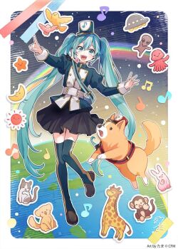 1girl alien animal aqua_eyes aqua_hair band_uniform beamed_eighth_notes bird black_skirt blue_headwear blue_jacket blue_thighhighs blush_stickers cat commentary crescent_moon dog doremifa_rondo_(vocaloid) earth_(planet) eighth_note flying_saucer full_body giraffe hands_up hatsune_miku hatsune_miku_happy_16th_birthday_-dear_creators- index_finger_raised jacket long_hair looking_at_viewer mini_hat mini_shako_cap miniskirt monkey moon musical_note musical_note_print open_mouth planet pleated_skirt pointing quarter_note rabbit rainbow red_headwear second-party_source shako_cap shoulder_belt signature skirt smile solo space spacecraft sun tama_(songe) tentacles thighhighs twintails very_long_hair vocaloid