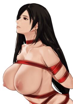 1girl arms_behind_back black_hair bound breasts collarbone completely_nude earrings final_fantasy final_fantasy_vii j@ck jewelry large_breasts long_hair low-tied_long_hair naked_ribbon nipples nude parted_lips red_eyes red_ribbon restrained ribbon ribbon_bondage simple_background skindentation solo swept_bangs tifa_lockhart upper_body white_background