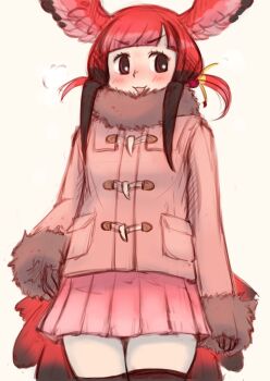 1girl :3 adapted_costume aotsuki_tsutome bird_girl bird_tail bird_wings black_hair blunt_bangs blush coat commentary_request cowboy_shot fur_collar fur_trim gloves hair_bobbles hair_ornament head_wings highres jacket kemono_friends long_sleeves pink_coat pink_jacket pink_skirt pleated_skirt red_eyes red_fur red_gloves red_hair red_thighhighs scarlet_ibis_(kemono_friends) short_hair_with_long_locks short_twintails sidelocks skirt solo tail thighhighs twintails wings winter_clothes winter_coat zettai_ryouiki