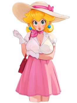 1girl absurdres alternate_costume arm_under_breasts bag blonde_hair blue_eyes blush bow breasts buttons cleavage commentary cowboy_shot cropped_legs earrings gloves hand_up handbag hat hat_bow high-waist_skirt highres jewelry large_breasts lips lipstick long_hair looking_at_viewer makeup mario_(series) medium_skirt mineru128127 neckerchief nintendo pink_bow pink_lips pink_neckerchief pink_ribbon pink_skirt princess_peach puckered_lips puffy_short_sleeves puffy_sleeves ribbon scarf shirt shirt_tucked_in short_sleeves shoulder_bag simple_background skirt solo sphere_earrings standing sun_hat thick_lips white_background white_gloves white_shirt