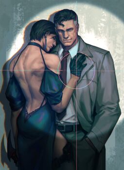 Rule 34 | 2boys, absurdres, ass, backless outfit, bare back, batarang, batman, batman (series), black hair, black pants, black thighhighs, blue dress, blush, bruce wayne, clark kent, couple, crossdressing, crossdressing (mtf), dc comics, dress, from behind, highres, male focus, mature male, multiple boys, muscular, muscular male, pants, shirt, short hair, shoulder blades, superman, superman (series), the batman (2022), thighhighs, thighs, yaoi