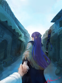 Rule 34 | 2girls, absurdres, bright pupils, female pov, fern (sousou no frieren), frieren, highres, holding, holding hands, holding staff, hylran0427, long hair, looking back, multiple girls, outdoors, pov, purple eyes, purple hair, sousou no frieren, staff, white pupils