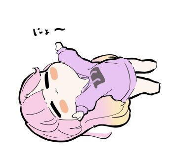 1girl :3 anyoji_hime anyoji_hime_(winter_loungewear) arms_up blonde_hair blush_stickers chibi chibi_only closed_eyes closed_mouth gradient_hair hood hoodie link!_like!_love_live! long_hair long_hoodie long_sleeves love_live! lying multicolored_hair official_alternate_costume on_back pink_hair purple_hoodie solo tazaki_masanobu very_long_hair virtual_youtuber