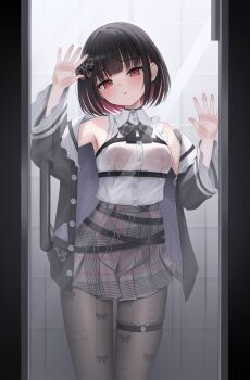 1girl absurdres against_glass animal_ears belt black_belt black_hair black_jacket blush bow bowtie breasts cat_ears collared_shirt colored_inner_hair commentary covered_erect_nipples grey_skirt highres indie_virtual_youtuber jacket jewelry looking_at_viewer multicolored_hair pantyhose pink_hair plaid_bow plaid_bowtie plaid_clothes plaid_skirt red_eyes rikotan_(vtuber) see-through_clothes shirt short_hair skirt sleeveless sleeveless_shirt solo symbol-only_commentary twinn_22 two-tone_hair white_shirt