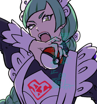 1girl absurdres apron blunt_bangs braid braided_ponytail breasts commentary_request green_hair highres holding holding_poke_ball juliet_sleeves korosuke_(kusuke) lebanne_(pokemon) long_braid long_hair long_sleeves maid_apron nintendo open_mouth pink_lips poke_ball poke_ball_(basic) pokemon pokemon_legends:_z-a puffy_sleeves solo teeth tsurime upper_teeth_only
