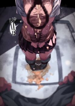 1girl 1other absurdres bound bound_wrists breasts commentary_request execution highres huyunokure medium_breasts noose original pleated_skirt pov pov_hands rope school_uniform skirt speech_bubble standing sweater_vest vomit