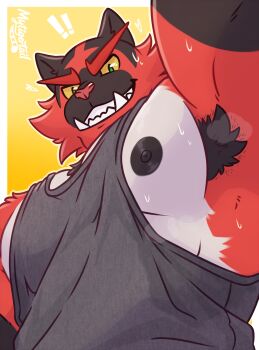 ! !! 1boy animal_ears artist_name bara black_shirt black_tank_top commentary english_commentary fangs furry furry_male gen_7_pokemon grin highres incineroar looking_at_viewer male_focus muscular muscular_male mytigertail nintendo nipples pectorals pokemon pokemon_(creature) shirt sleeveless sleeveless_shirt smile sweat tank_top tiger_boy tiger_ears tiger_stripes