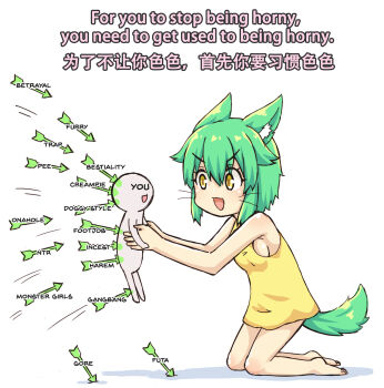 1futa 1other :3 :d absurdres animal_ear_fluff animal_ears arrow_(projectile) artificial_vagina artist_self-insert bare_shoulders barefoot bestiality breasts cat_ears cat_girl cat_tail chinese_commentary chinese_text commentary doggystyle english_commentary english_text eyelashes furry futanari green_hair greenteaneko greenteaneko-chan group_sex guro hair_between_eyes harem highres holding_person incest kneeling light_blush looking_at_another medium_hair mixed-language_commentary monster_girl motion_lines open_mouth original pee sex sex_from_behind sex_toy shirt sideboob sidelocks smile tail trap v-shaped_eyebrows whiskers white_background yellow_eyes yellow_shirt
