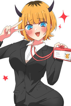 1girl :3 absurdres black_jacket blonde_hair blue_eyes blush breasts commentary_request fang highres horns jacket lanyard looking_at_viewer medium_breasts memcho multicolored_hair open_mouth oshi_no_ko roots_(hair) short_hair simple_background skin_fang solo sparkle urishima v white_background