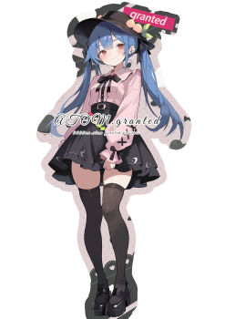 1girl alternate_costume alternate_hairstyle black_bow black_bowtie black_hat black_shoes black_skirt black_thighhighs blue_hair blush bow bowtie closed_mouth collared_shirt commentary cursive ear_piercing english_text frown full_body hat hat_ornament high-waist_skirt highres hinanawi_tenshi jirai_kei leaf_hat_ornament long_hair looking_at_viewer mary_janes miniskirt peach_hat_ornament piercing pink_shirt red_eyes shirt shoes skindentation skirt skirt_hold solo standing tetsurou_(fe+) thighhighs touhou twintails white_background