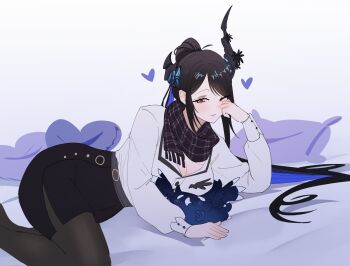 Rule 34 | 1girl, asymmetrical horns, black hair, black pantyhose, black skirt, blue hair, breasts, cleavage, heart, high-waist skirt, high ponytail, highres, hololive, hololive english, horns, jailbird (nerissa ravencroft), large breasts, long hair, multicolored hair, nerissa ravencroft, nerissa ravencroft (casual), pantyhose, ponytail, shirt, skirt, solo focus, two-tone hair, uneven horns, very long hair, virtual youtuber, white shirt, yorobisan