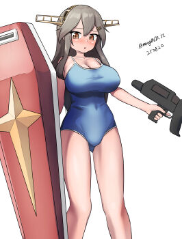 Rule 34 | 1girl, absurdres, bare shoulders, beam rifle, black hair, blue one-piece swimsuit, blush, breasts, brown eyes, collarbone, commentary request, competition school swimsuit, cosplay, covered navel, cowboy shot, dated, energy gun, gundam, hair ornament, hairband, hairclip, haruna (kancolle), highres, kantai collection, large breasts, long hair, looking at viewer, maru (marg0613), mobile suit gundam, one-piece swimsuit, rx-78-2 gundam, rx-78-2 gundam (cosplay), school swimsuit, shield, smile, solo, swimsuit, twitter username, weapon, white background