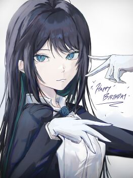 1girl absurdres ado_(utaite) black_coat black_hair blue_eyes blue_hair chando_(ado) closed_mouth coat commentary gloves happy_birthday highres kahuna90231217 long_hair long_sleeves mole mole_under_eye multicolored_hair shirt simple_background solo streaked_hair upper_body utaite v white_background white_gloves white_shirt