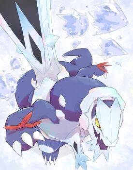 absurdres baxcalibur blue_claws blue_skin colored_sclera colored_skin commentary_request dragon fangs highres ice mega_baxcalibur mega_pokemon nintendo no_humans open_mouth pokemon pokemon_(creature) pokemon_focus pokeseru red_claws red_eyes scales skin_fangs spines tail v-shaped_eyes yellow_sclera