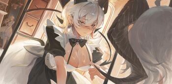 1girl absurdres alternate_costume black_bow black_bowtie black_dress black_tail bow bowtie breasts cleavage closed_mouth commentary demon_tail dress earrings enmaided grey_eyes grey_hair hair_between_eyes highres indoors jewelry key_earrings large_breasts leaning_forward liudaohai6001 long_hair looking_at_reflection maid reflection reflection_focus tail wuthering_waves zani_(wuthering_waves)