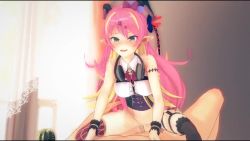 1boy 1girl 3d animated bottomless demon_girl demon_tail girl_on_top green_eyes hetero hololive horns koikatsu_(medium) mano_aloe pink_hair pointy_ears pubic_hair pussy sex tail video virtual_youtuber wataamage