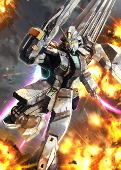 Rule 34 | asymmetrical dual wielding, beam rifle, commentary request, dual wielding, energy gun, energy sword, exhaust, explosion, fin funnels, flying, glowing, glowing eyes, gun, gundam, gundam msv, highres, holding, holding gun, holding sword, holding weapon, mecha, mecha focus, mobile suit, no humans, nu gundam mp type, robot, science fiction, shiromoca, solo, sword, v-fin, weapon, yellow eyes
