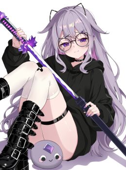 1girl absurdres alternate_costume animal_ear_hairband animal_ears black-framed_eyewear black_boots black_choker black_hoodie boots castellayaki censored character_censor choker closed_mouth commentary english_commentary fake_animal_ears familiar glasses grey_hair hairband half-closed_eyes highres holding holding_sword holding_weapon hololive hololive_english hood hoodie jewel_under_eye katana koseki_bijou long_hair looking_at_viewer multicolored_hair nail_polish no_pants novelty_censor pebble_(koseki_bijou) platform_boots purple_eyes purple_hair purple_nails round_eyewear sheath sitting smile solo sword thigh_strap thighhighs unsheathing virtual_youtuber weapon white_background white_thighhighs