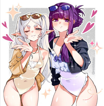 2girls :t black-framed_eyewear black_jacket blue-tinted_eyewear blush border breasts casual_one-piece_swimsuit closed_mouth commentary covered_navel cowboy_shot cropped_jacket ear_piercing elf english_commentary eyewear_on_head fern_(sousou_no_frieren) frieren frilled_one-piece_swimsuit frills gluteal_fold gold_one-piece_swimsuit green_eyes grey_hair grin hand_up heart highleg highleg_one-piece_swimsuit highres jacket large_breasts long_hair long_sidelocks looking_at_viewer multiple_girls off_shoulder one-piece_swimsuit one_eye_closed open_clothes open_jacket outline outside_border piercing pointy_ears pout purple_eyes purple_hair sachichuu short_eyebrows sidelocks single_bare_shoulder sleeves_pushed_up small_breasts smile sousou_no_frieren standing swimsuit thick_eyebrows tinted_eyewear twintails twitter_username v-shaped_eyebrows very_long_hair white_border white_one-piece_swimsuit white_outline yellow-framed_eyewear yellow_jacket