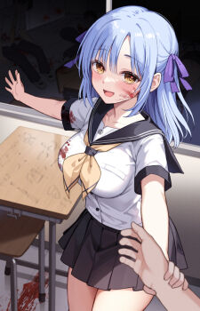 1girl black_sailor_collar black_skirt blood blood_on_clothes blood_on_face blood_on_ground blood_splatter breasts buttons classroom collarbone desk grey_hair hair_ribbon heart heart_in_eye highres holding_another's_wrist ikura_nagisa neckerchief open_mouth original pleated_skirt pov purple_ribbon ribbon sailor_collar school_desk school_uniform serafuku skirt smile symbol_in_eye yandere yellow_eyes yellow_neckerchief