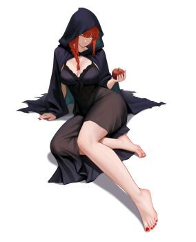 1girl apple arm_support barefoot black_cloak black_dress breasts chainsaw_man cloak dress food fruit highres holding holding_food holding_fruit hood hooded_cloak large_breasts looking_at_viewer makima_(chainsaw_man) nail_polish nihu orange_eyes red_hair red_nails sidelocks simple_background solo toenail_polish toenails white_background