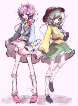 Rule 34 | 2girls, blouse, female focus, green eyes, green hair, hat, heart, komeiji koishi, komeiji satori, long sleeves, multiple girls, non-web source, purple eyes, purple hair, shirt, short hair, siblings, sisters, sketch, socks, third eye, tima, touhou, white legwear, yellow shirt