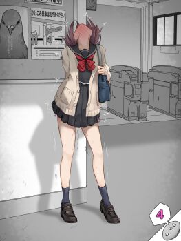 1girl arm_behind_back artist_name bag black_sailor_collar black_shirt black_shoes black_skirt blue_leotard blush bow bowtie brown_cardigan buttons cardigan clock controller fare_gate female_ejaculation female_focus female_orgasm flat_chest full-face_blush full_body grey_background hand_up head_back high-waist_skirt highres indoors japanese_text kakuremino7928 legs leotard long_sleeves miniskirt open_cardigan open_clothes orgasm original panties partially_colored pink_panties pleated_skirt pocket poster_(object) public_indecency purple_hair pussy_juice red_bow red_bowtie remote_control remote_control_vibrator sailor_collar school_uniform serafuku sex_toy shirt shoes short_hair shoulder_bag side-tie_panties side-tie_peek skirt sleeves_past_wrists socks solo speech_bubble standing sweat thighs translation_request trembling twitter_username underwear vibrator vibrator_under_clothes window