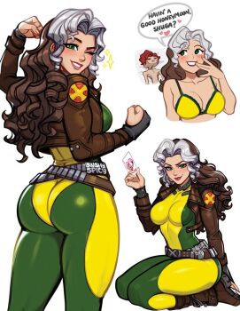 1boy 1girl ass blushyspicy bodysuit boots bra breasts brown_boots brown_hair card cleavage clenched_hand closed_mouth commentary english_commentary english_text gambit green_bodysuit green_eyes grin heart hetero holding holding_card large_breasts looking_at_viewer marvel marvel_rivals multicolored_bodysuit multicolored_hair multiple_views parted_lips rogue_(x-men) seiza simple_background sitting smile sparkle speech_bubble superhero_costume two-tone_bodysuit two-tone_hair underwear white_background white_hair yellow_bodysuit yellow_bra